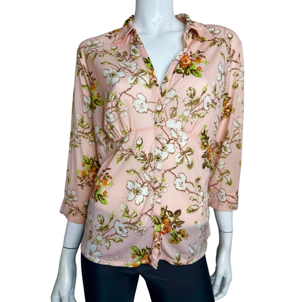 i.e. relaxed Women Pink Floral Empire Waist Button Up Blouse Large 3/4 Sleeve